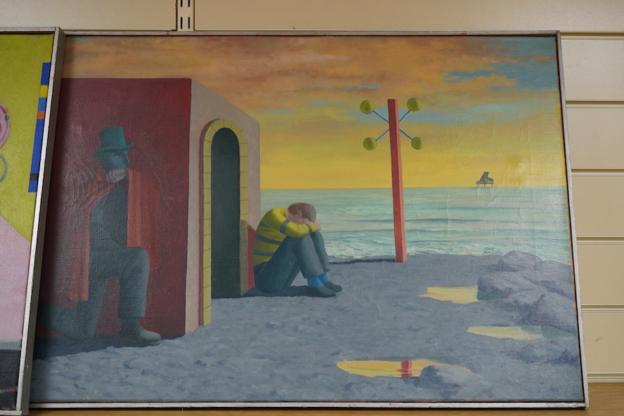 Patrick Burke (1932–2010), Two surreal beach scenes and a portrait study, each signed and inscribed verso, three oils on canvas, largest 50 x 76cm